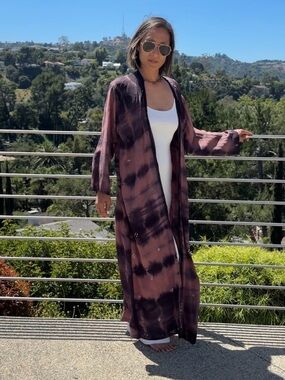 Sun Child Silk Kimono Duster Cape purple Tie-dye coachella festival outfit OS